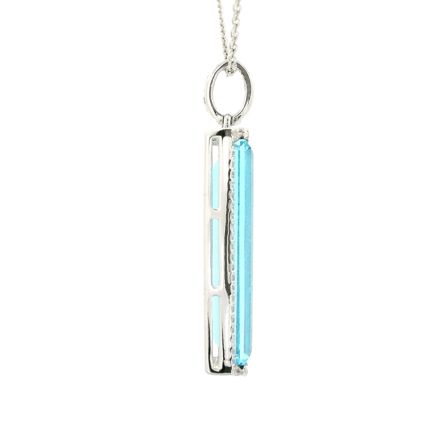 Enlongated Emerald Cut Swiss Blue Topaz & Diamond Pendant - Forever Rox