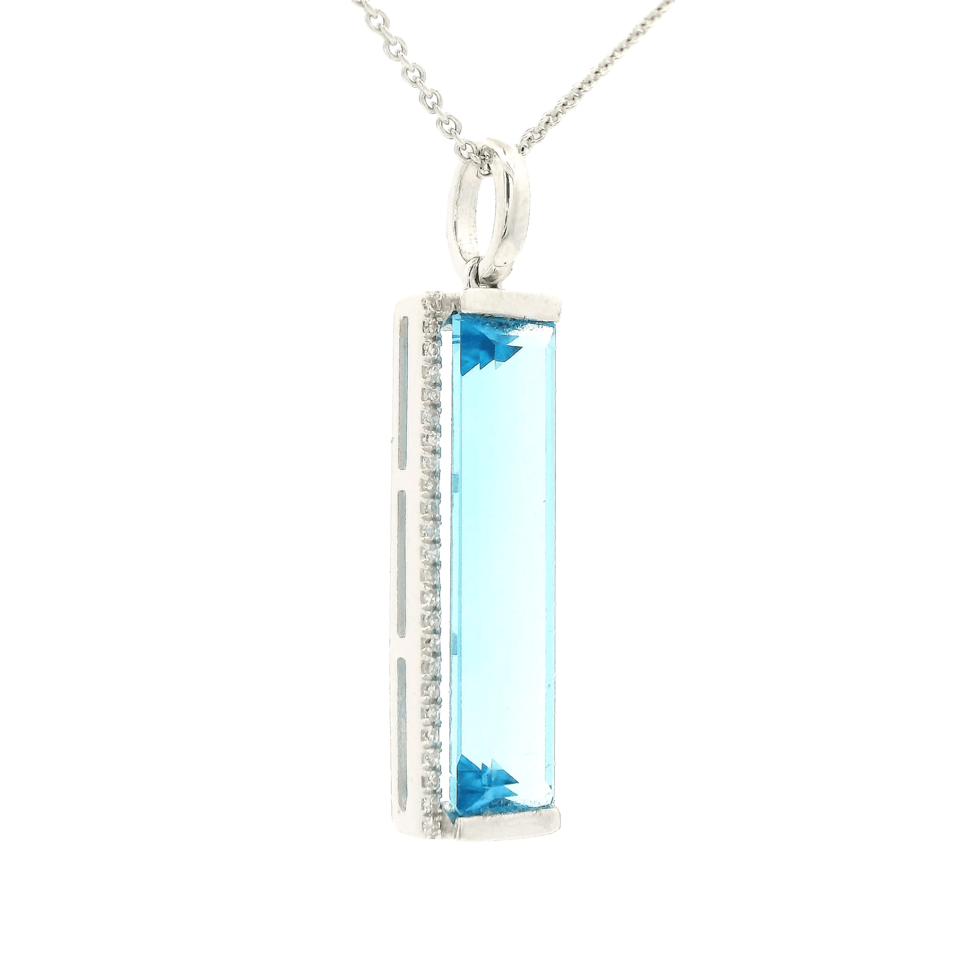 Enlongated Emerald Cut Swiss Blue Topaz & Diamond Pendant - Forever Rox