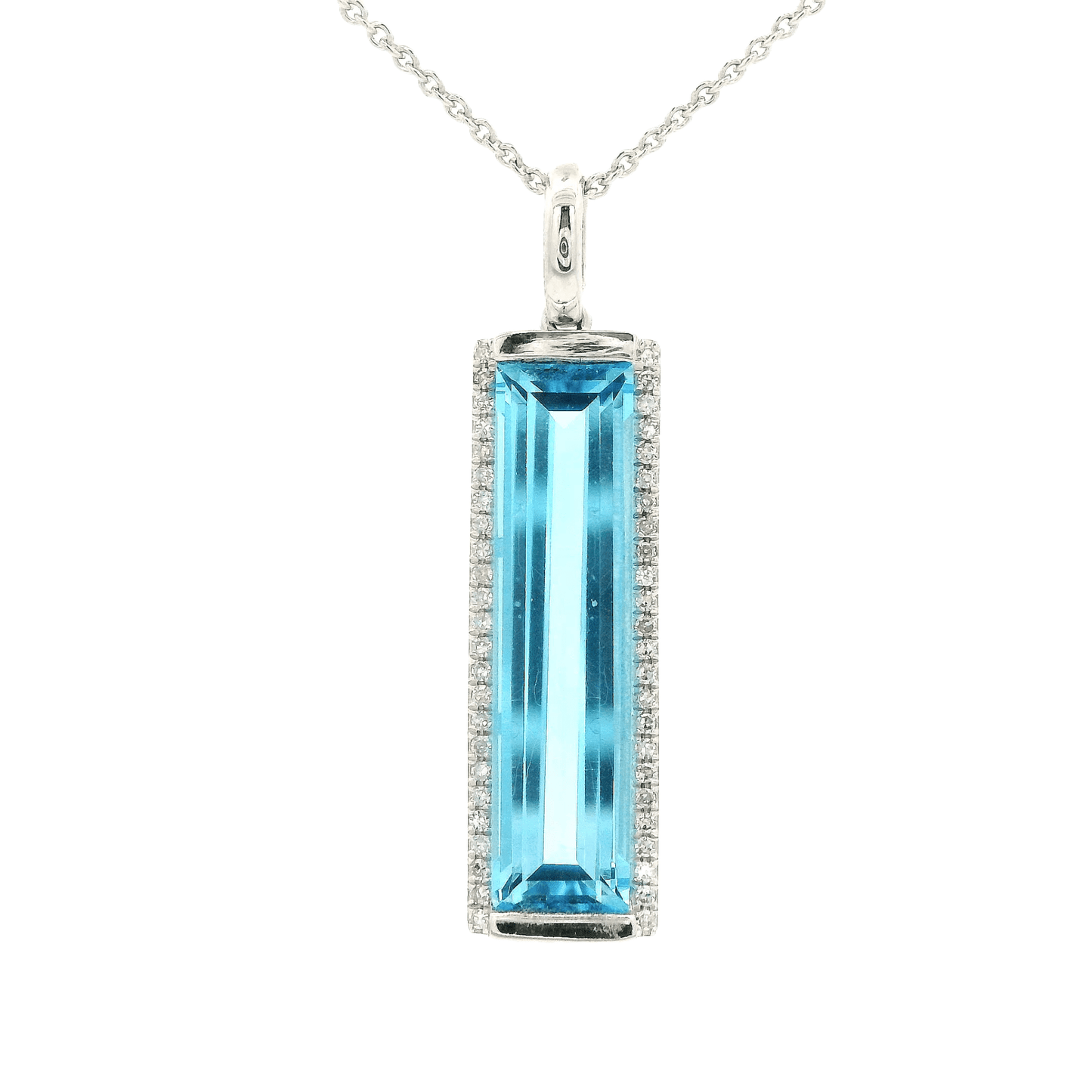 Enlongated Emerald Cut Swiss Blue Topaz & Diamond Pendant - Forever Rox