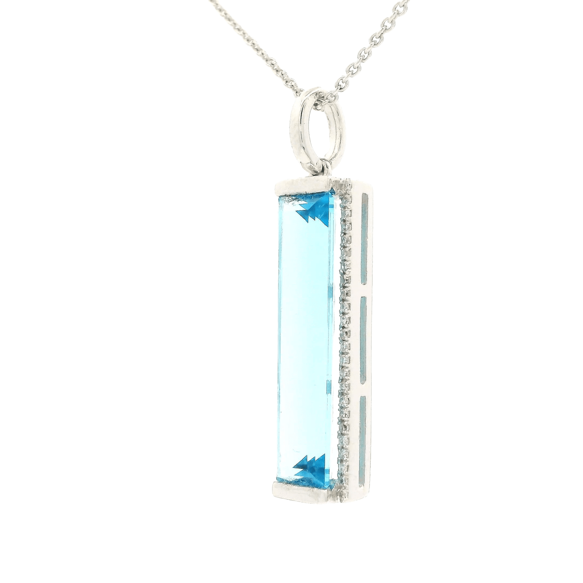 Enlongated Emerald Cut Swiss Blue Topaz & Diamond Pendant - Forever Rox