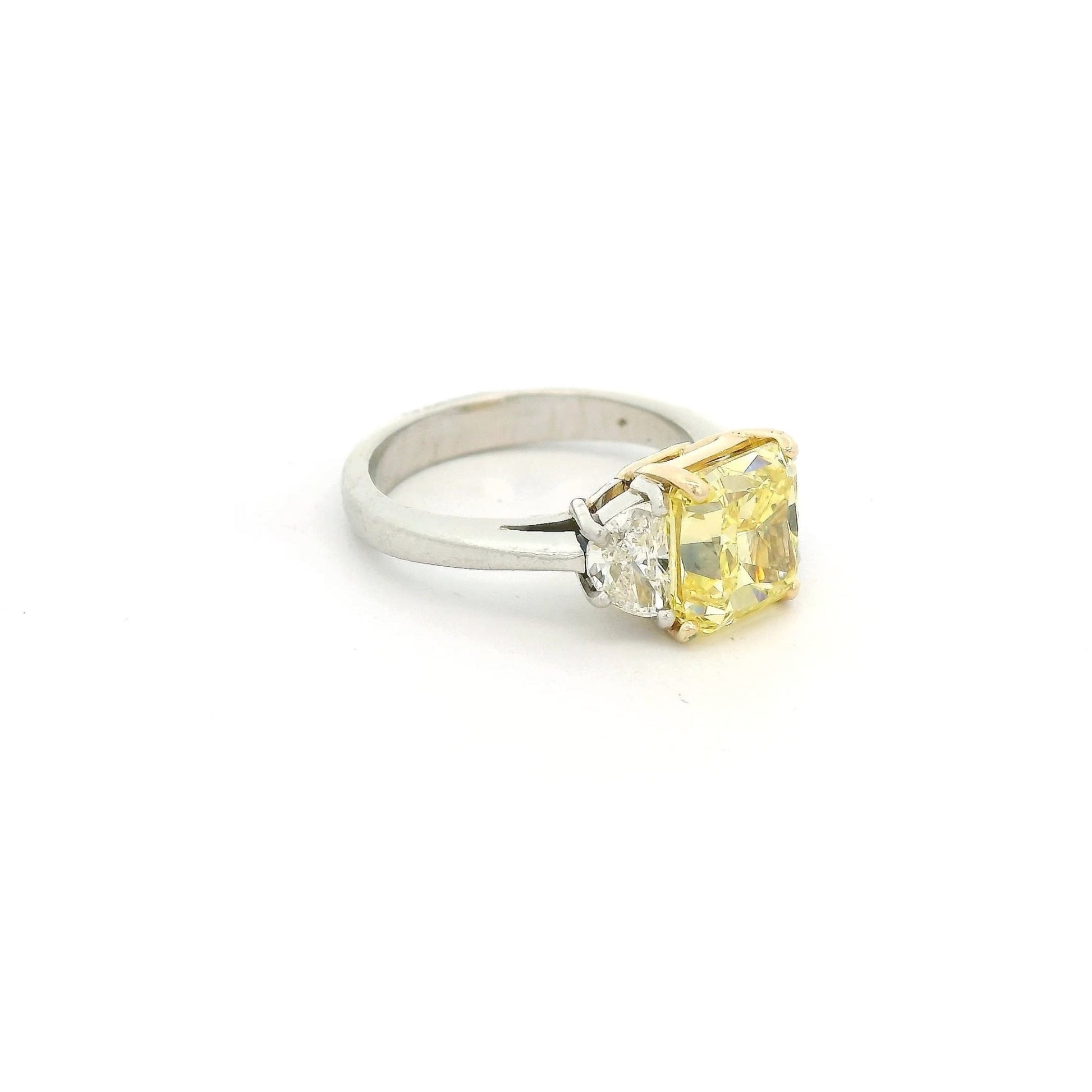 Fancy Intense Yellow Cushion Cut Diamond Ring With Half Moon Cut Diamonds - Forever Rox Fine Jewelry