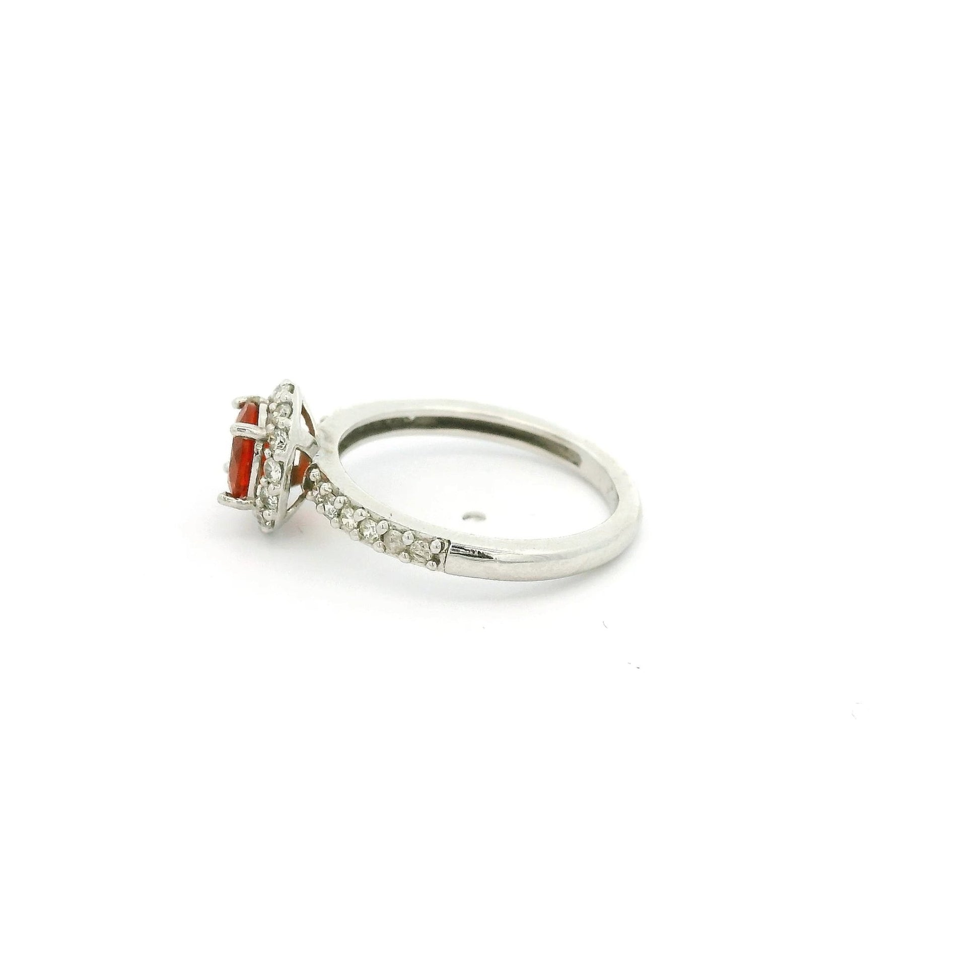 Fire Opal Ring With Diamond Halo & Diamonds Down Band - Forever Rox Fine Jewelry