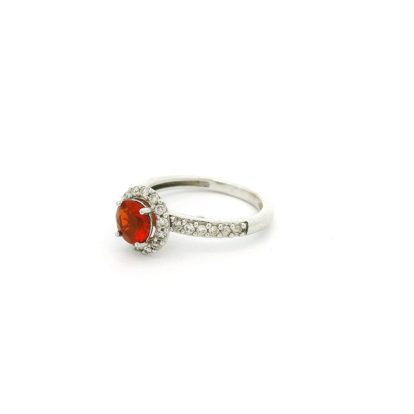 Fire Opal Ring With Diamond Halo & Diamonds Down Band - Forever Rox Fine Jewelry