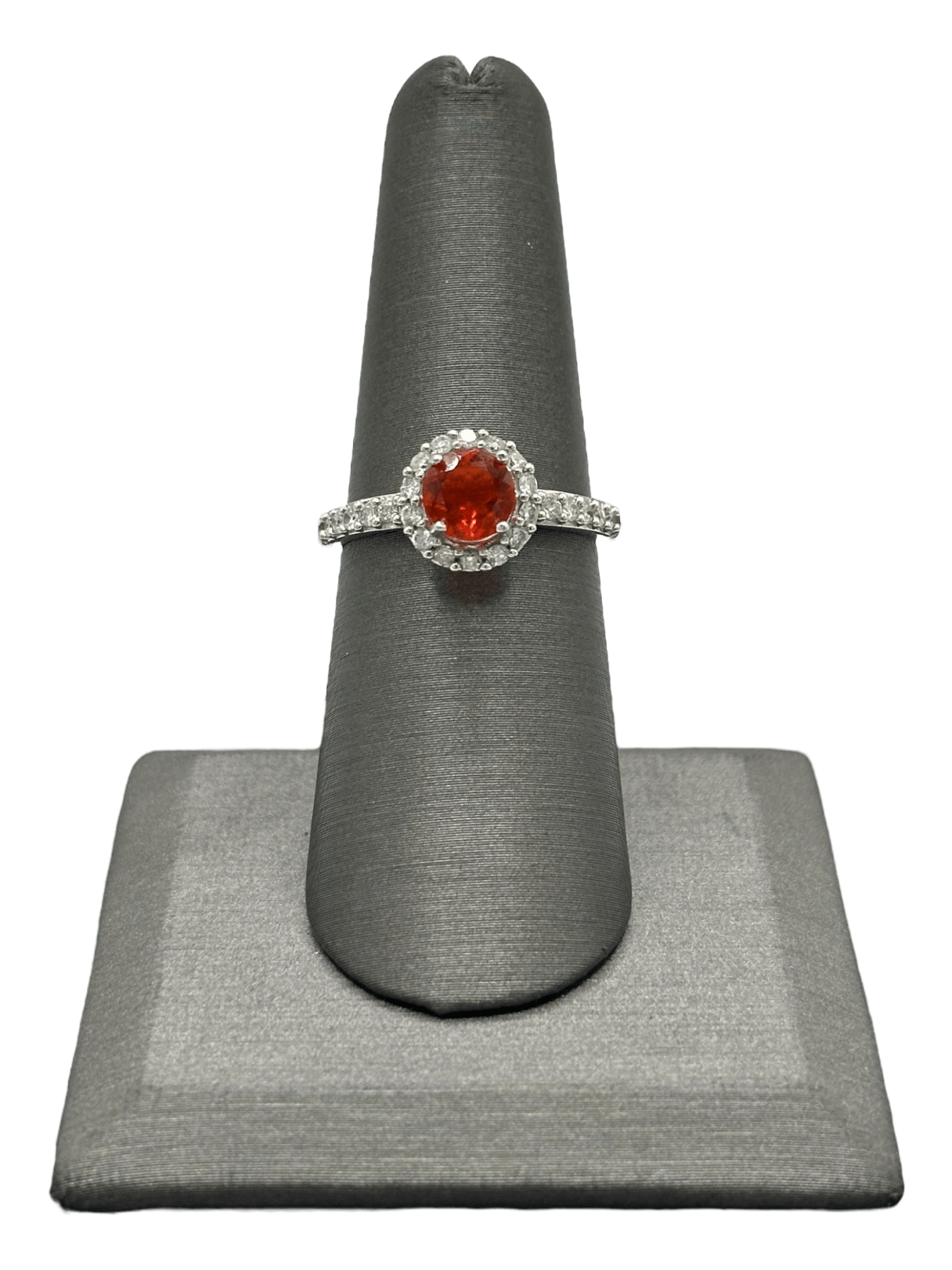 Fire Opal Ring With Diamond Halo & Diamonds Down Band - Forever Rox