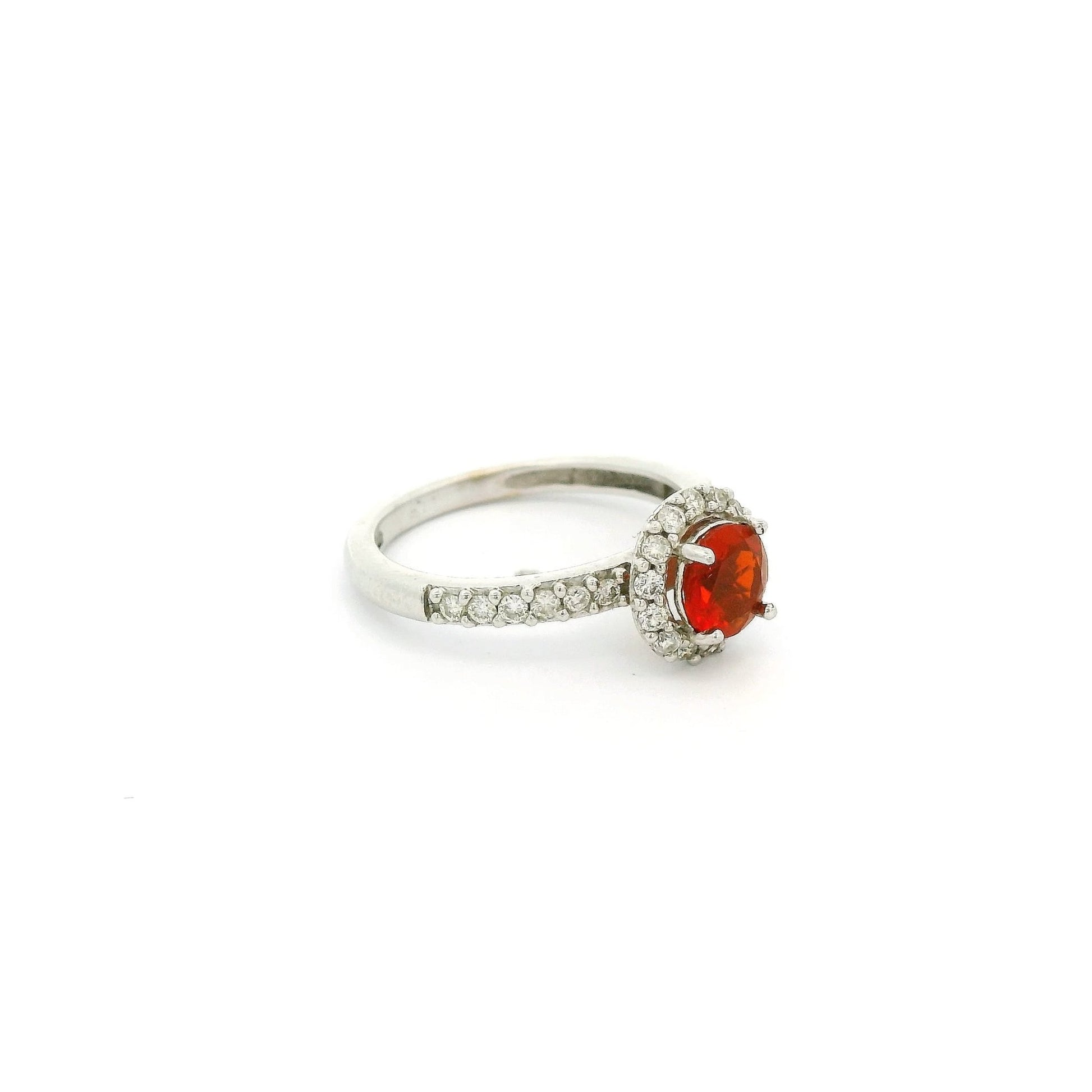Fire Opal Ring With Diamond Halo & Diamonds Down Band - Forever Rox Fine Jewelry