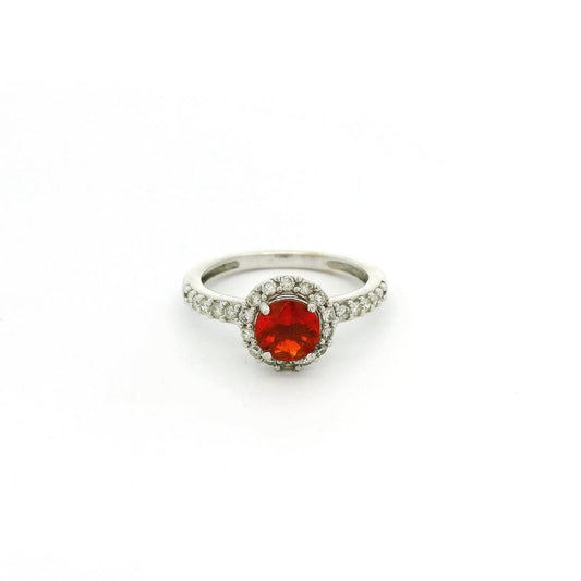 Fire Opal Ring With Diamond Halo & Diamonds Down Band - Forever Rox Fine Jewelry