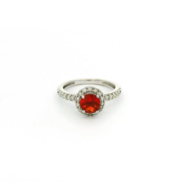 Fire Opal Ring With Diamond Halo & Diamonds Down Band - Forever Rox Fine Jewelry