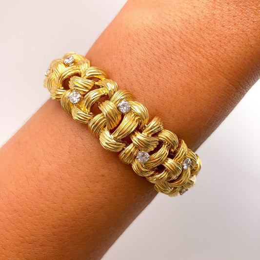 French Vintage Textured Basketweave Bracelet with Diamonds, 18k º - Forever Rox