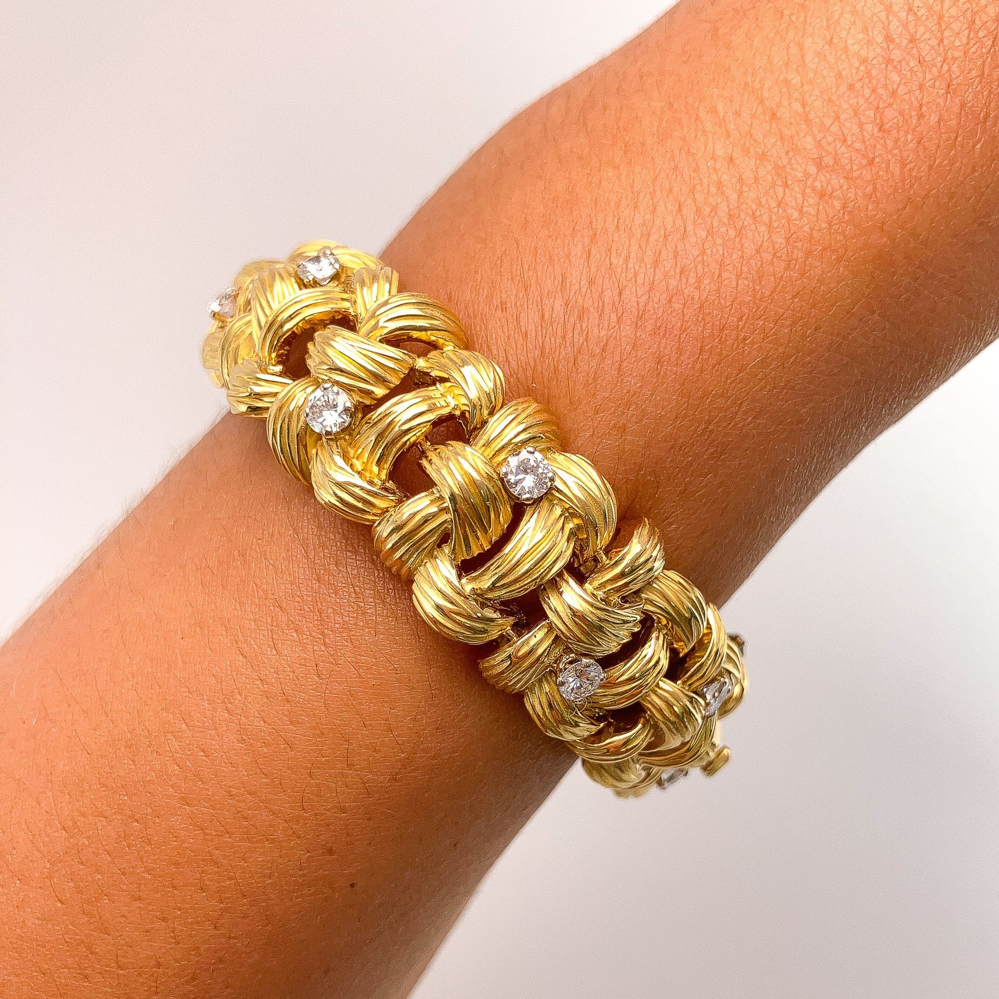French Vintage Textured Basketweave Bracelet with Diamonds, 18k º - Forever Rox