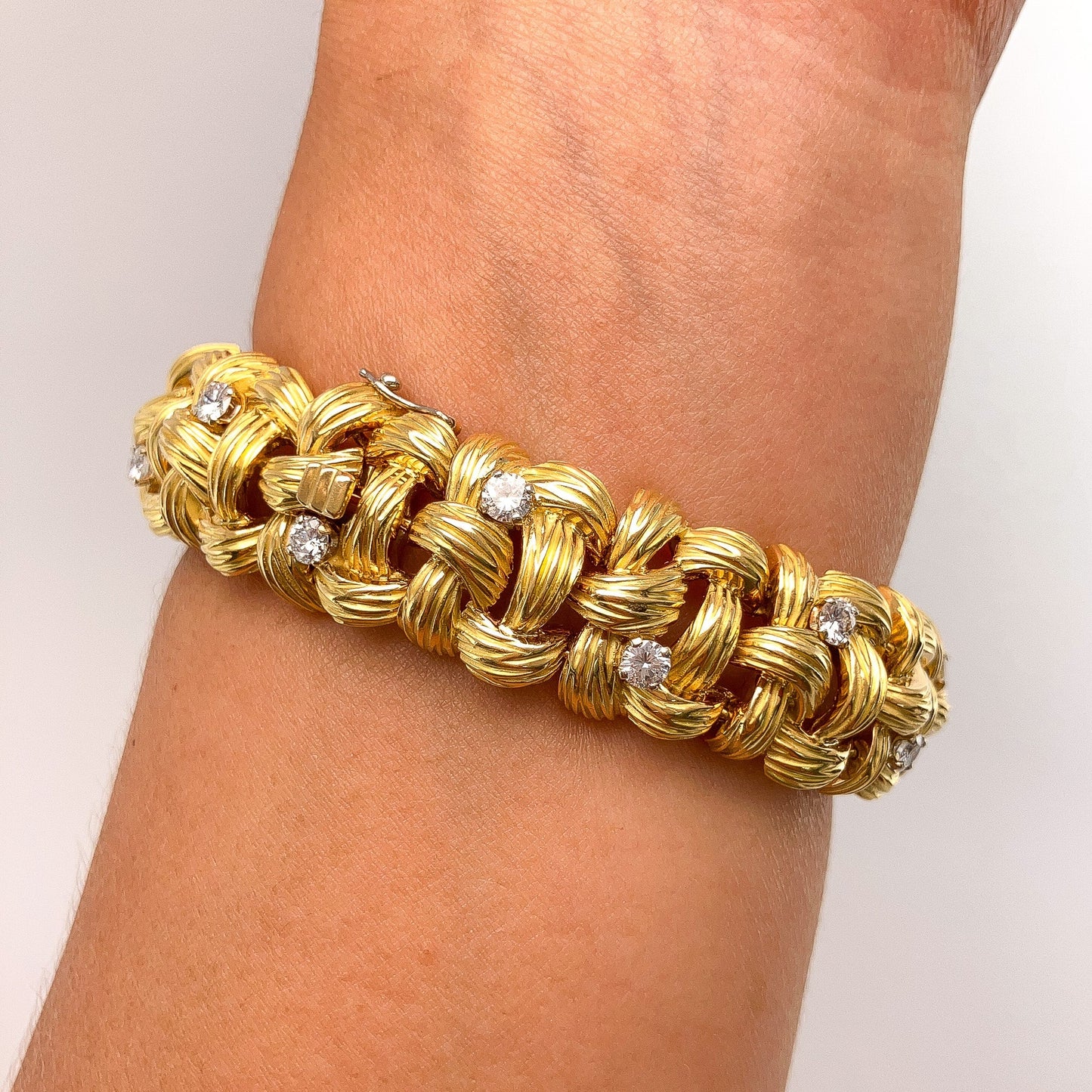 French Vintage Textured Basketweave Bracelet with Diamonds, 18k º - Forever Rox