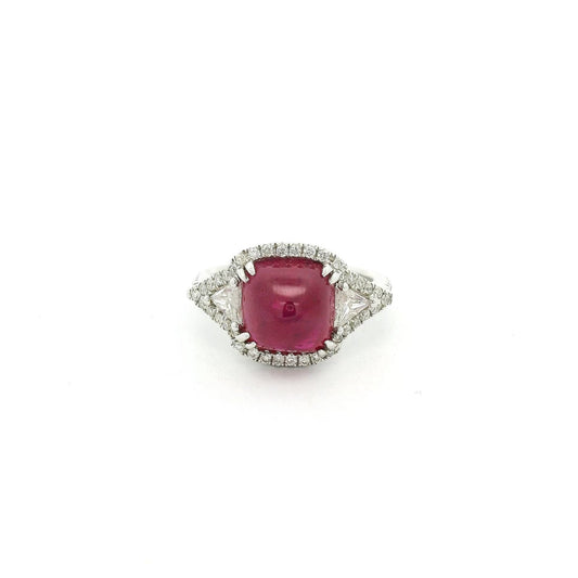 GIA Certified Natural Cabochon Ruby Ring With Triangle & Round Cut Diamonds - Forever Rox Fine Jewelry