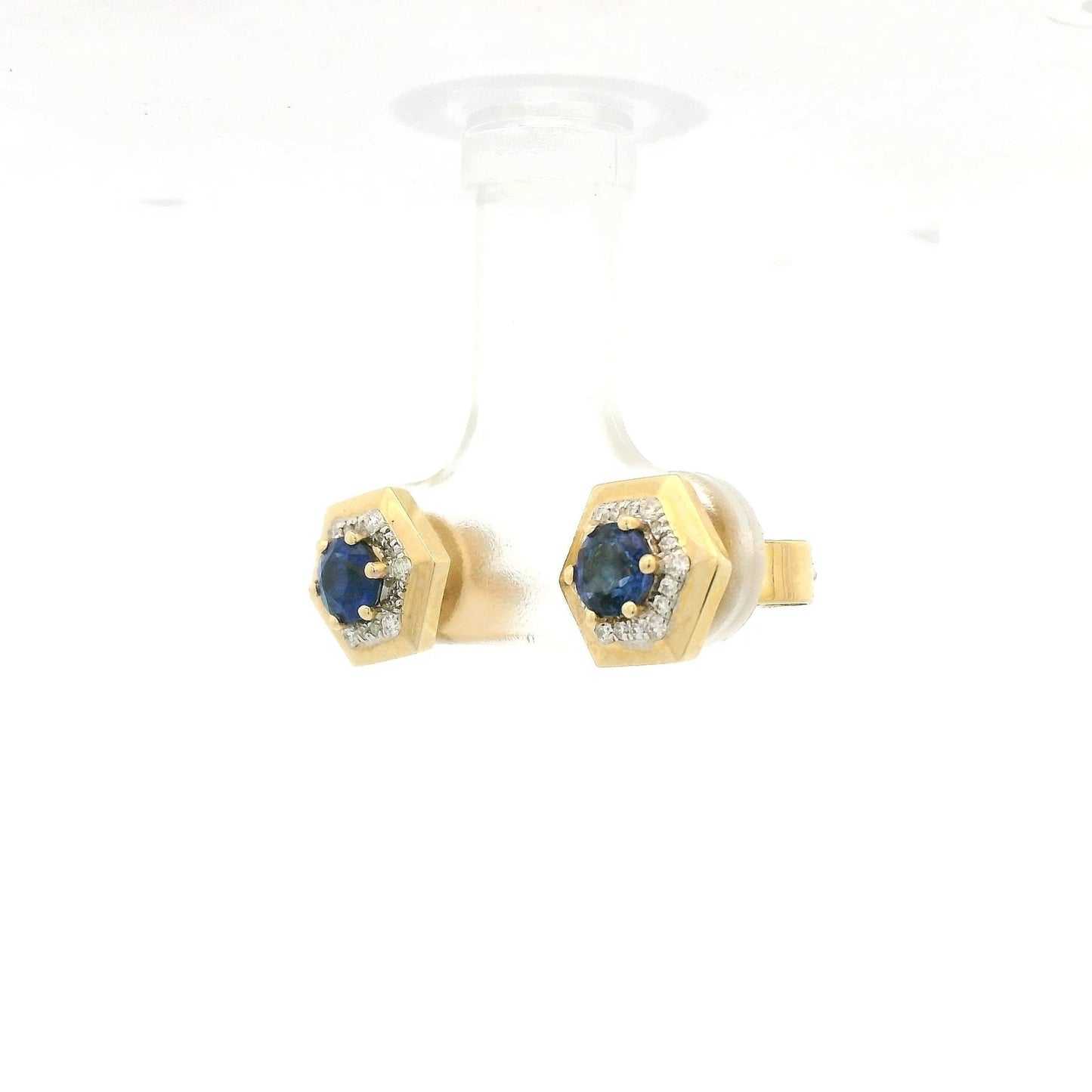 Hexagon Shape Blue Sapphire Studs With Diamond Halo - Forever Rox Fine Jewelry