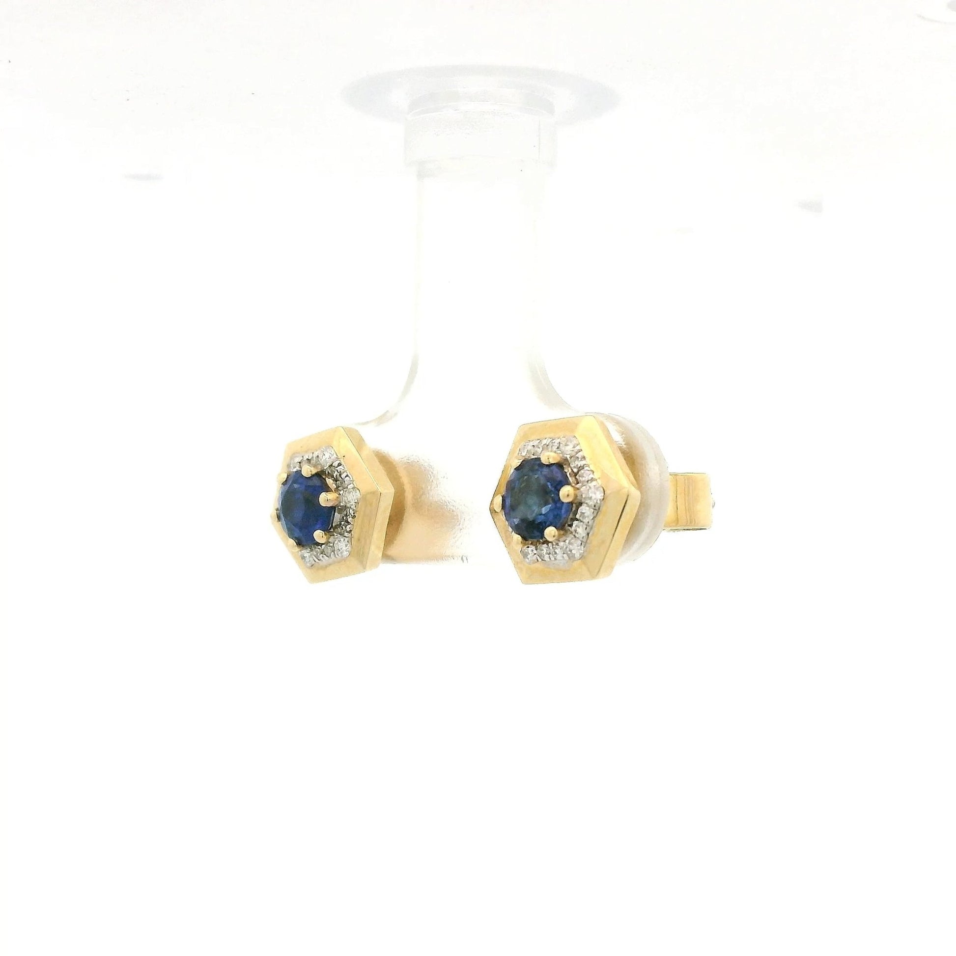 Hexagon Shape Blue Sapphire Studs With Diamond Halo - Forever Rox Fine Jewelry