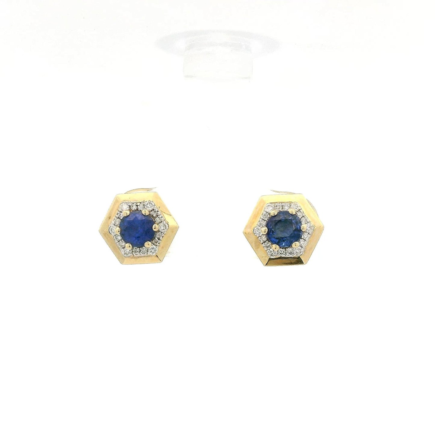 Hexagon Shape Blue Sapphire Studs With Diamond Halo - Forever Rox Fine Jewelry