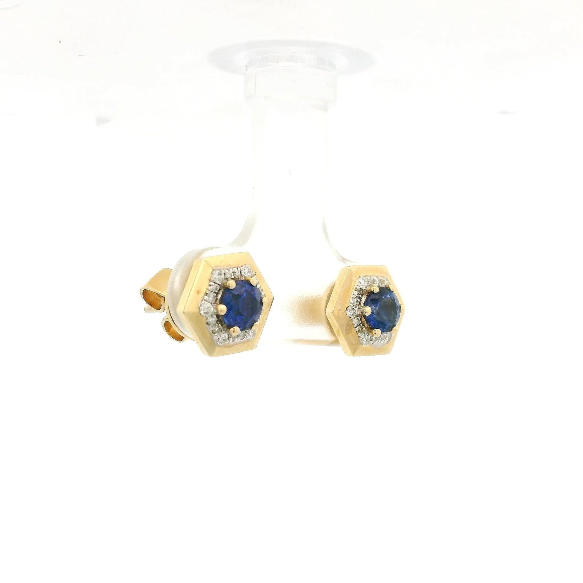 Hexagon Shape Blue Sapphire Studs With Diamond Halo - Forever Rox Fine Jewelry
