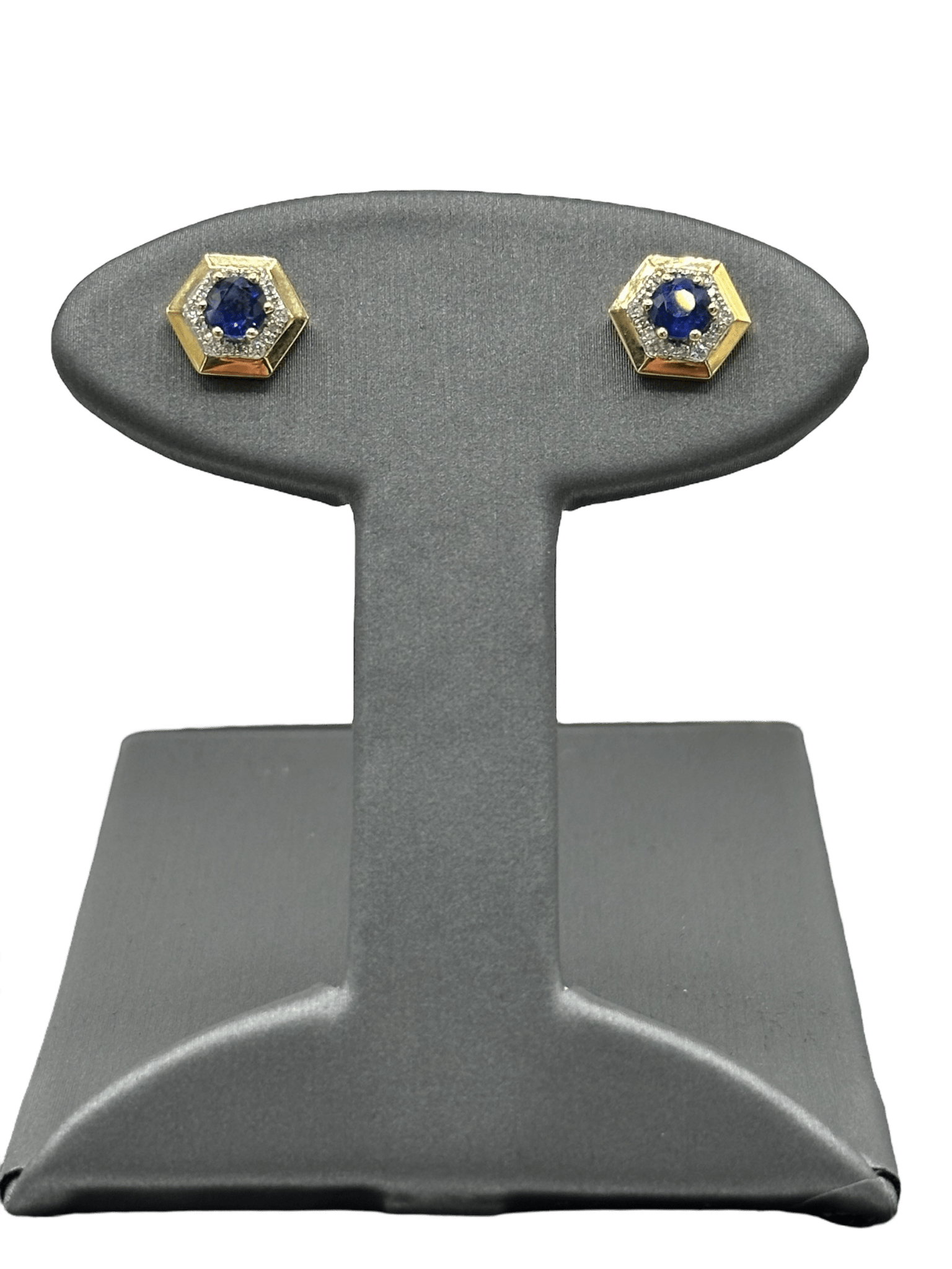 Hexagon Shape Blue Sapphire Studs With Diamond Halo - Forever Rox