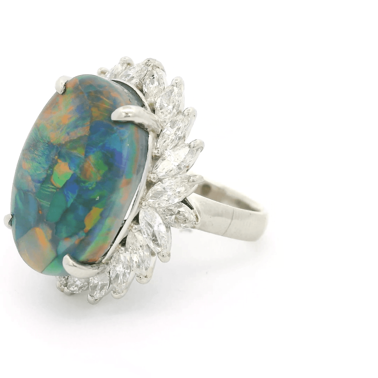 Lightning Ridge Black Opal Ring With Marquise Cut Diamonds - Forever Rox