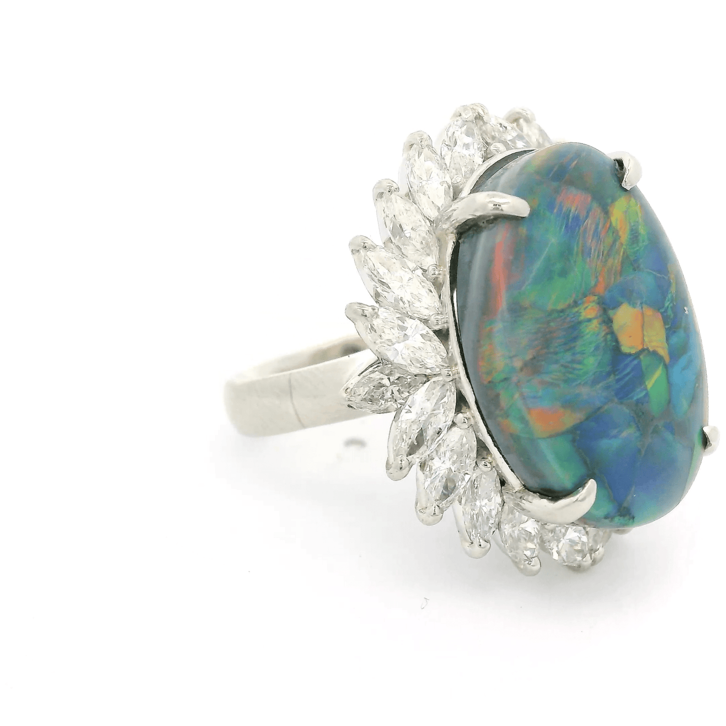 Lightning Ridge Black Opal Ring With Marquise Cut Diamonds - Forever Rox