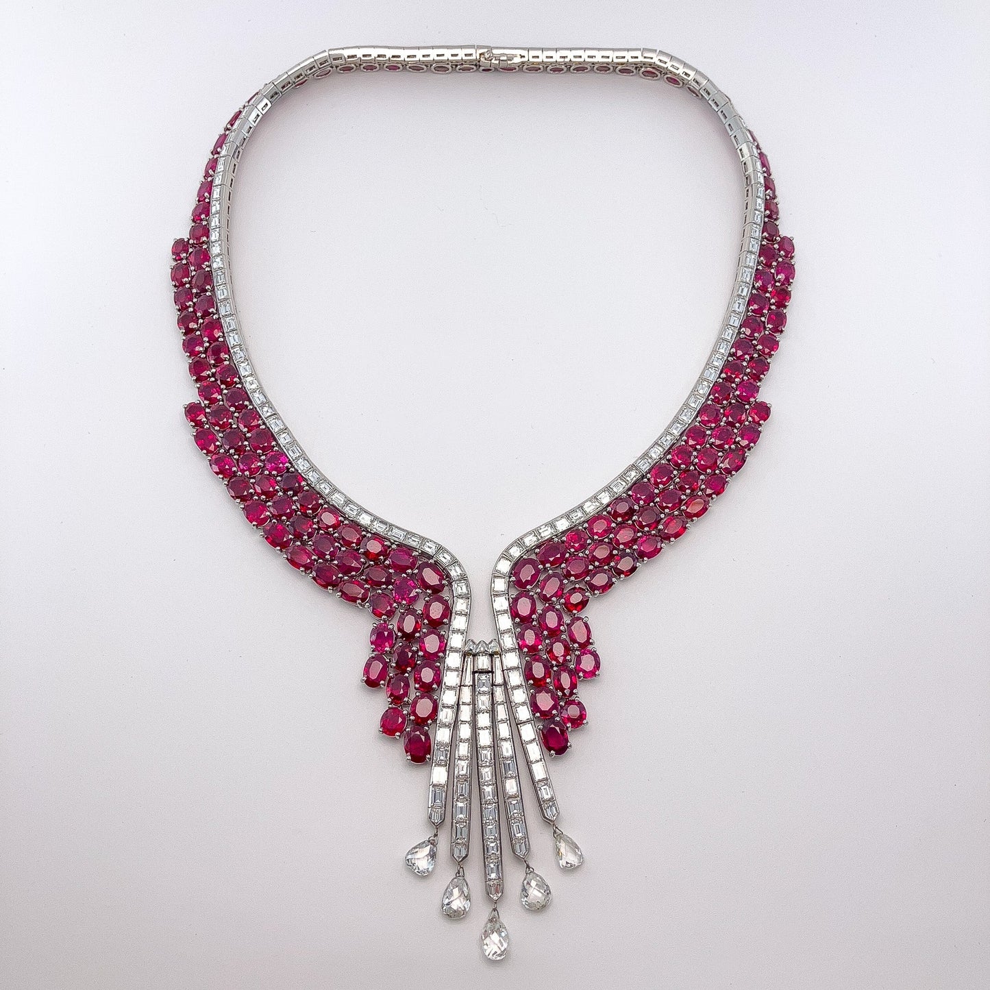 Mid Century Burmese Ruby & Diamond Briolette Necklace, Platinum - Forever Rox