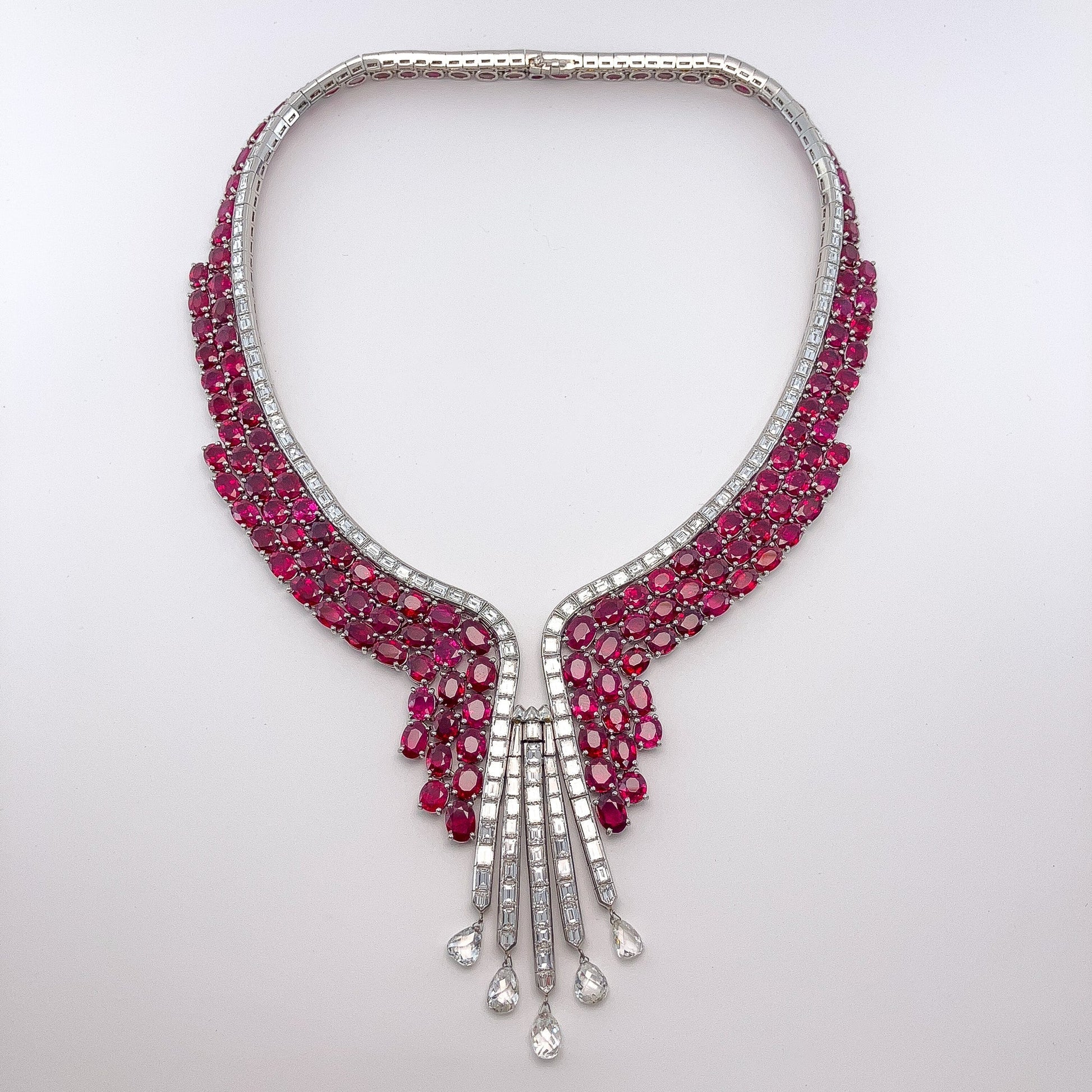 Mid Century Burmese Ruby & Diamond Briolette Necklace, Platinum - Forever Rox