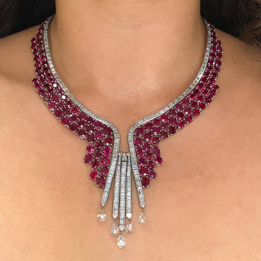 Mid Century Burmese Ruby & Diamond Briolette Necklace, Platinum - Forever Rox