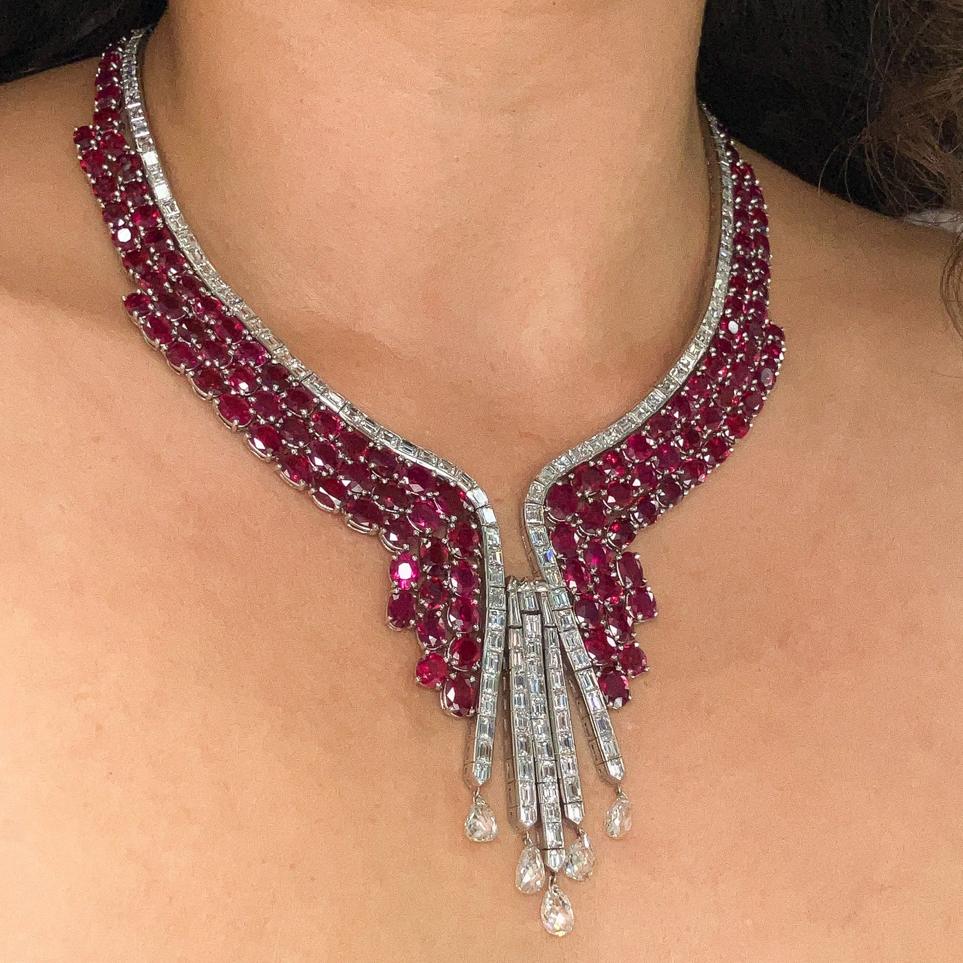 Mid Century Burmese Ruby & Diamond Briolette Necklace, Platinum - Forever Rox