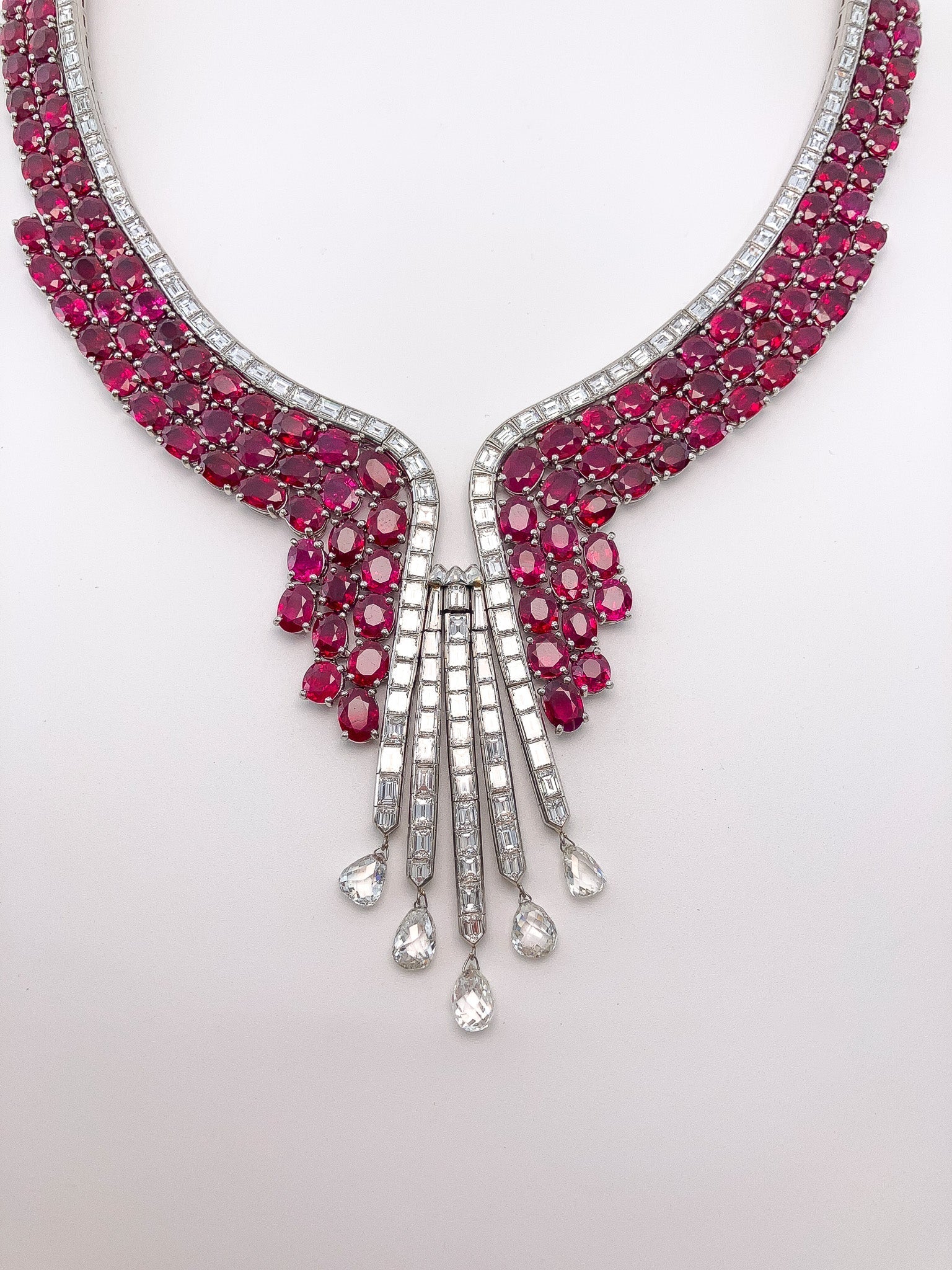 Mid Century Burmese Ruby & Diamond Briolette Necklace, Platinum - Forever Rox