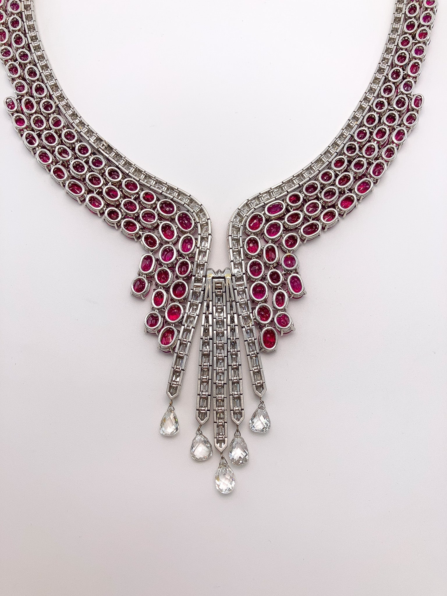 Mid Century Burmese Ruby & Diamond Briolette Necklace, Platinum - Forever Rox