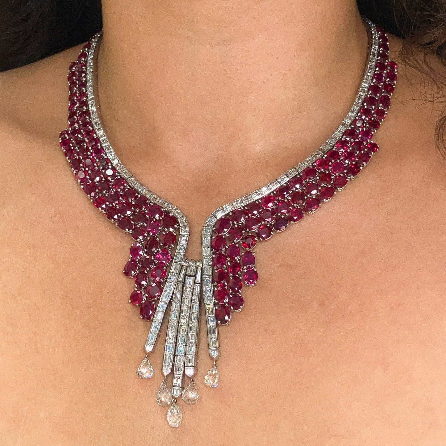 Mid Century Burmese Ruby & Diamond Briolette Necklace, Platinum - Forever Rox