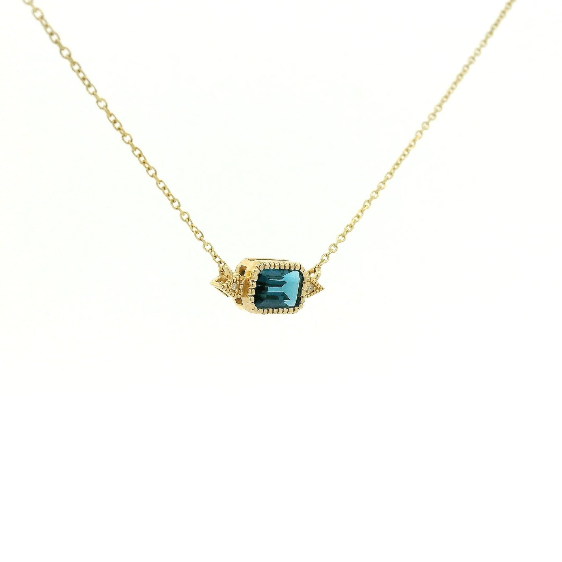 Milgrain Bezel Set Emerald Cut London BLue Topaz & 2 Diamond Pendant - Forever Rox Fine Jewelry