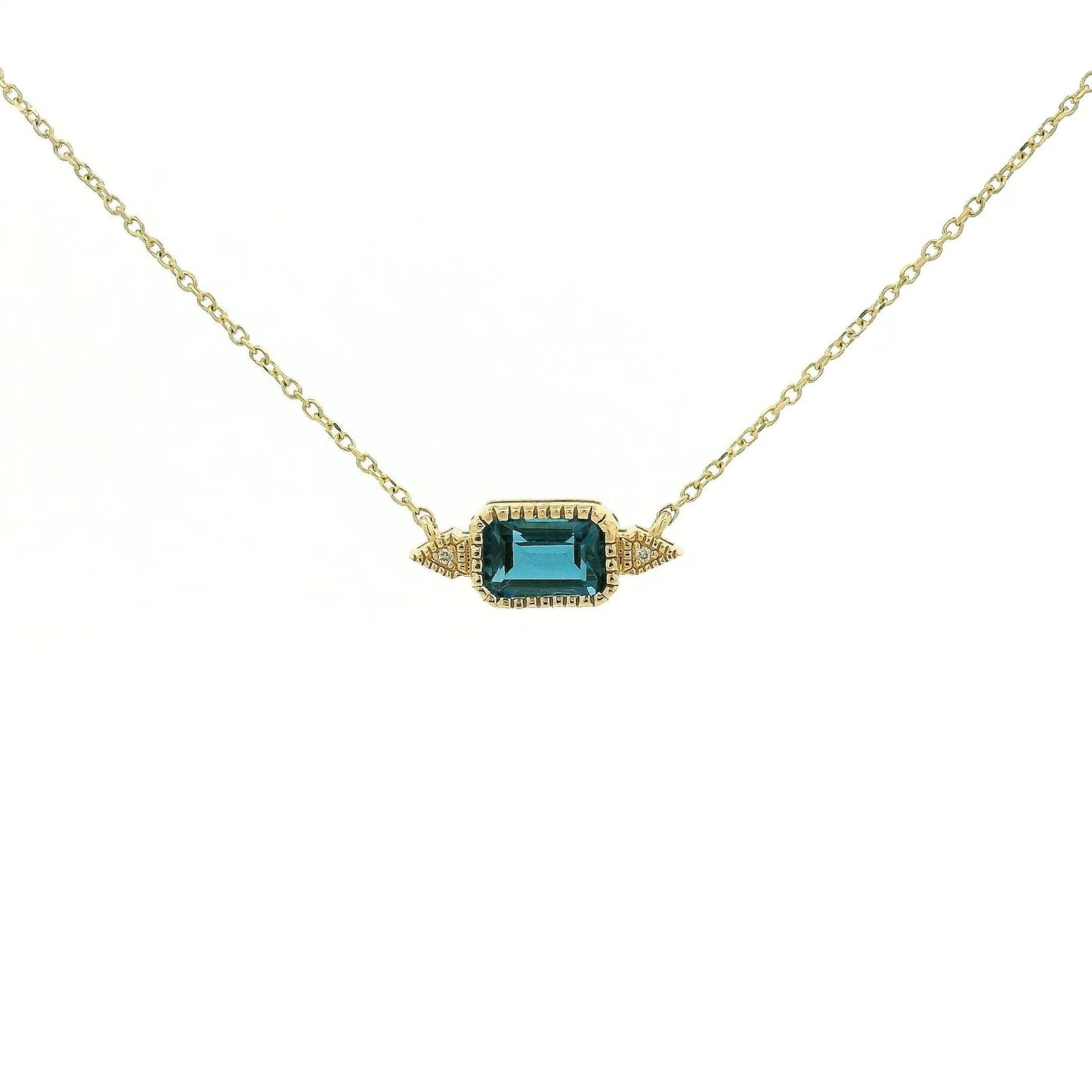 Milgrain Bezel Set Emerald Cut London BLue Topaz & 2 Diamond Pendant - Forever Rox Fine Jewelry