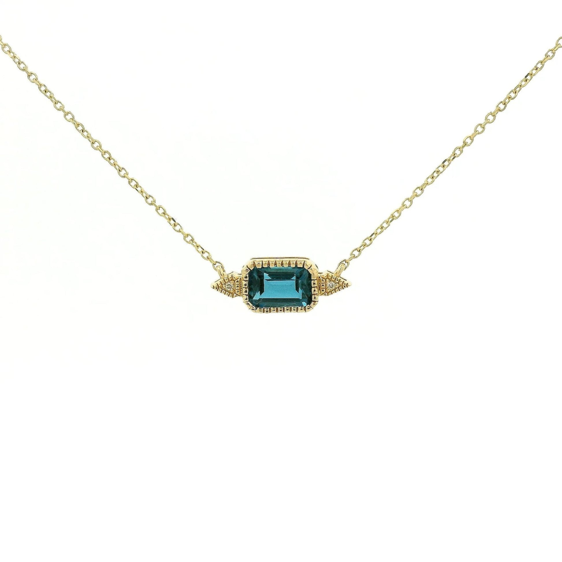 Milgrain Bezel Set Emerald Cut London BLue Topaz & 2 Diamond Pendant - Forever Rox Fine Jewelry