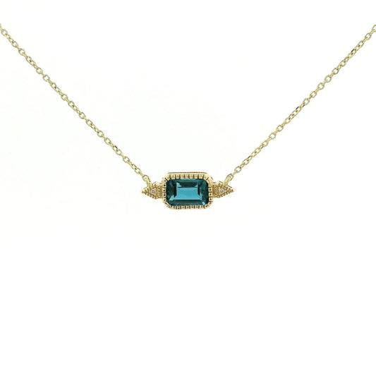 Milgrain Bezel Set Emerald Cut London BLue Topaz & 2 Diamond Pendant - Forever Rox Fine Jewelry