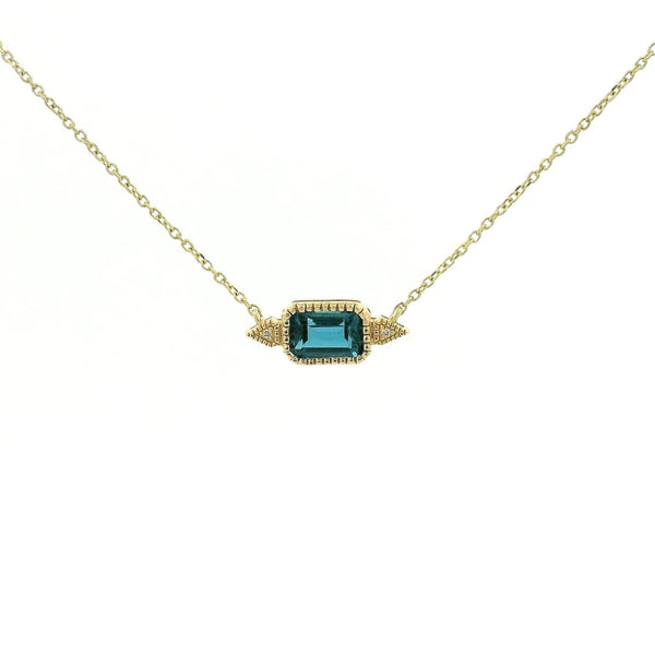 Milgrain Bezel Set Emerald Cut London BLue Topaz & 2 Diamond Pendant - Forever Rox Fine Jewelry