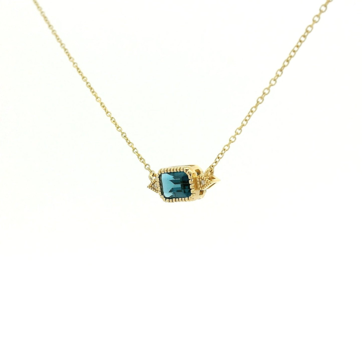 Milgrain Bezel Set Emerald Cut London BLue Topaz & 2 Diamond Pendant - Forever Rox Fine Jewelry