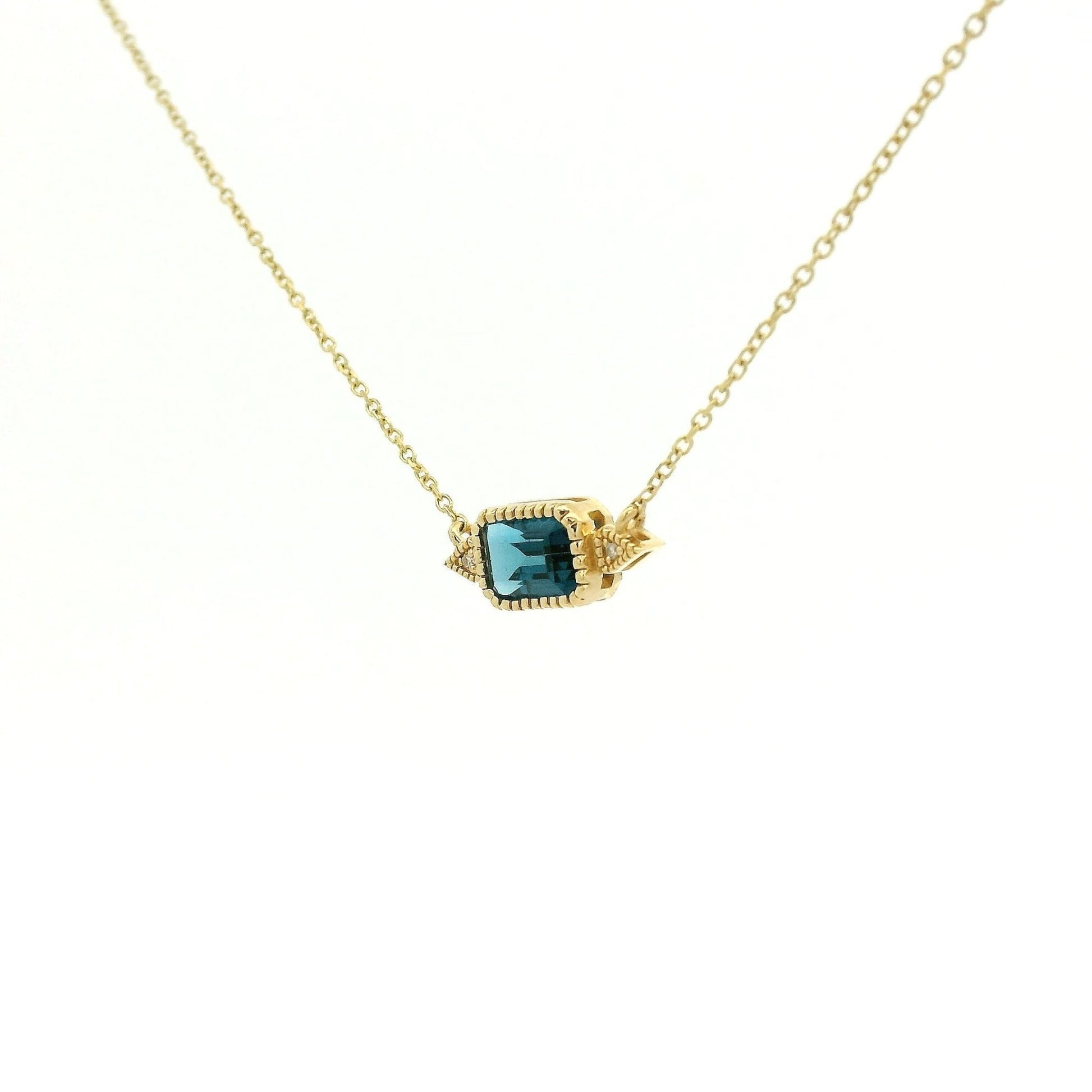 Milgrain Bezel Set Emerald Cut London BLue Topaz & 2 Diamond Pendant - Forever Rox Fine Jewelry