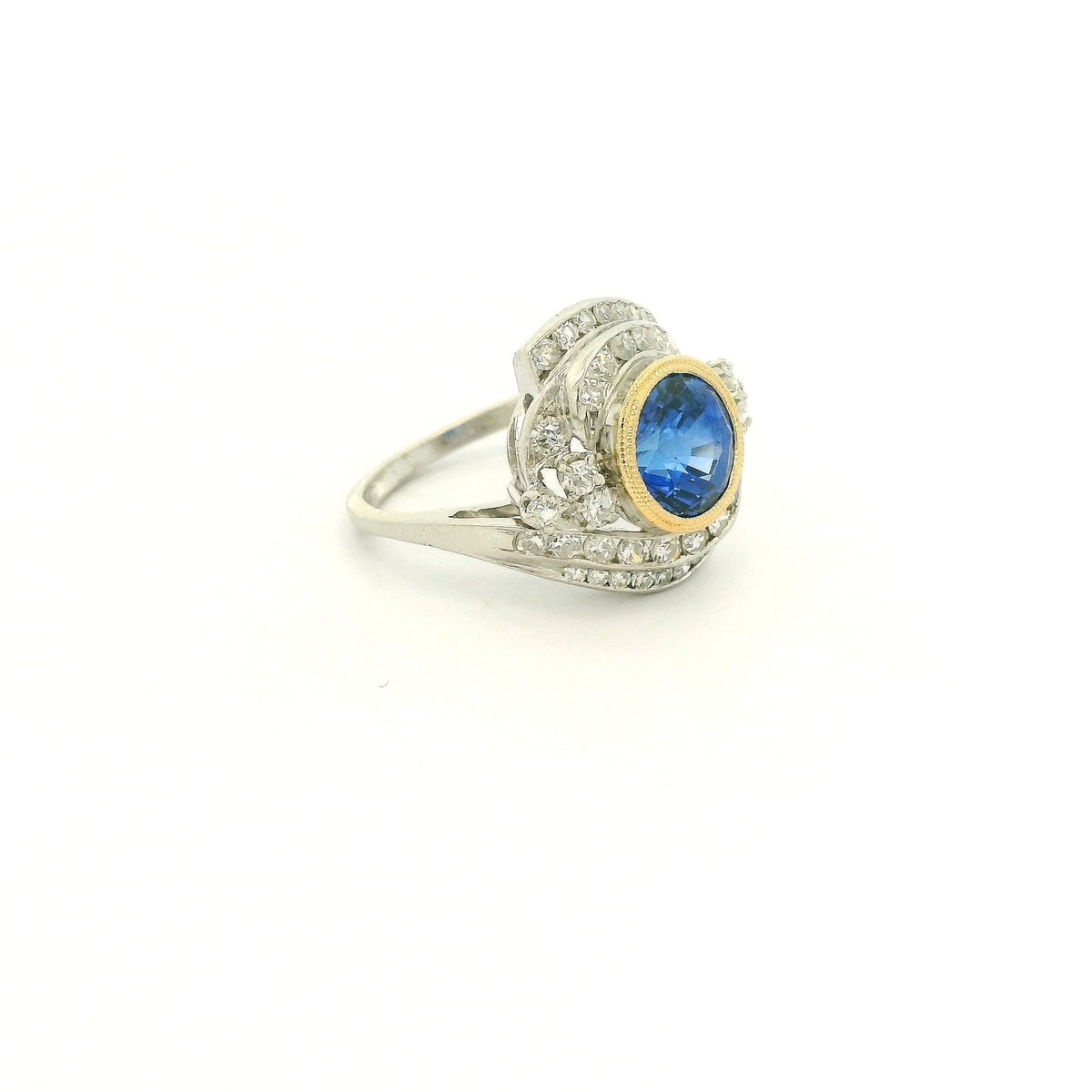 Milgrain Bezel Set Round Cut FIne Blue Sapphire & Diamond Vintage Ring - Forever Rox Fine Jewelry