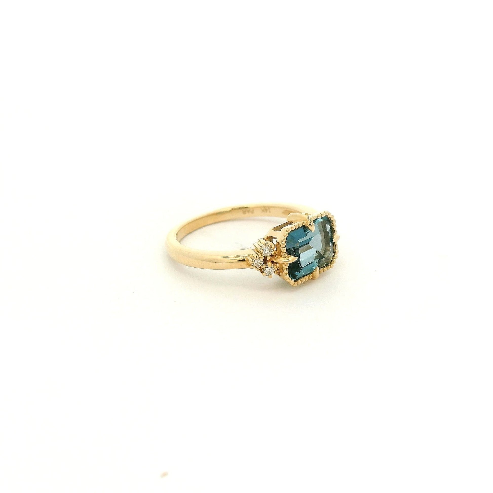 Milkgrain Bezel & Claw Prong Set Emerald Cut London Blue Topaz & Diamond Ring - Forever Rox Fine Jewelry