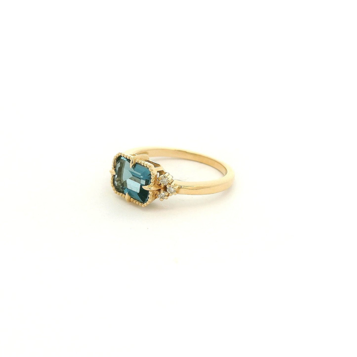 Milkgrain Bezel & Claw Prong Set Emerald Cut London Blue Topaz & Diamond Ring - Forever Rox Fine Jewelry