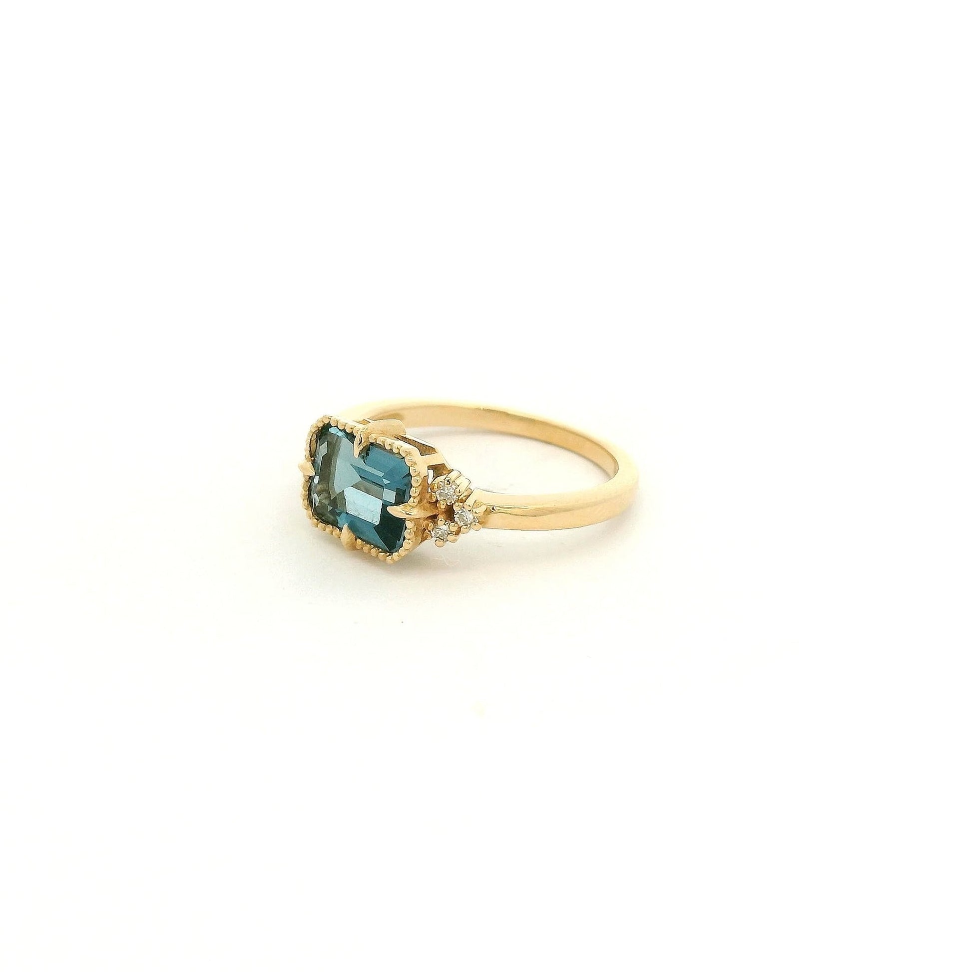 Milkgrain Bezel & Claw Prong Set Emerald Cut London Blue Topaz & Diamond Ring - Forever Rox Fine Jewelry