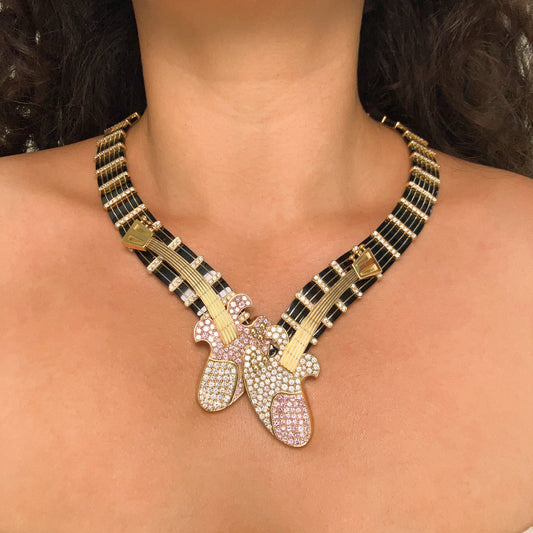 Natural Pink & White Diamond Guitar Necklace, 18k - Forever Rox