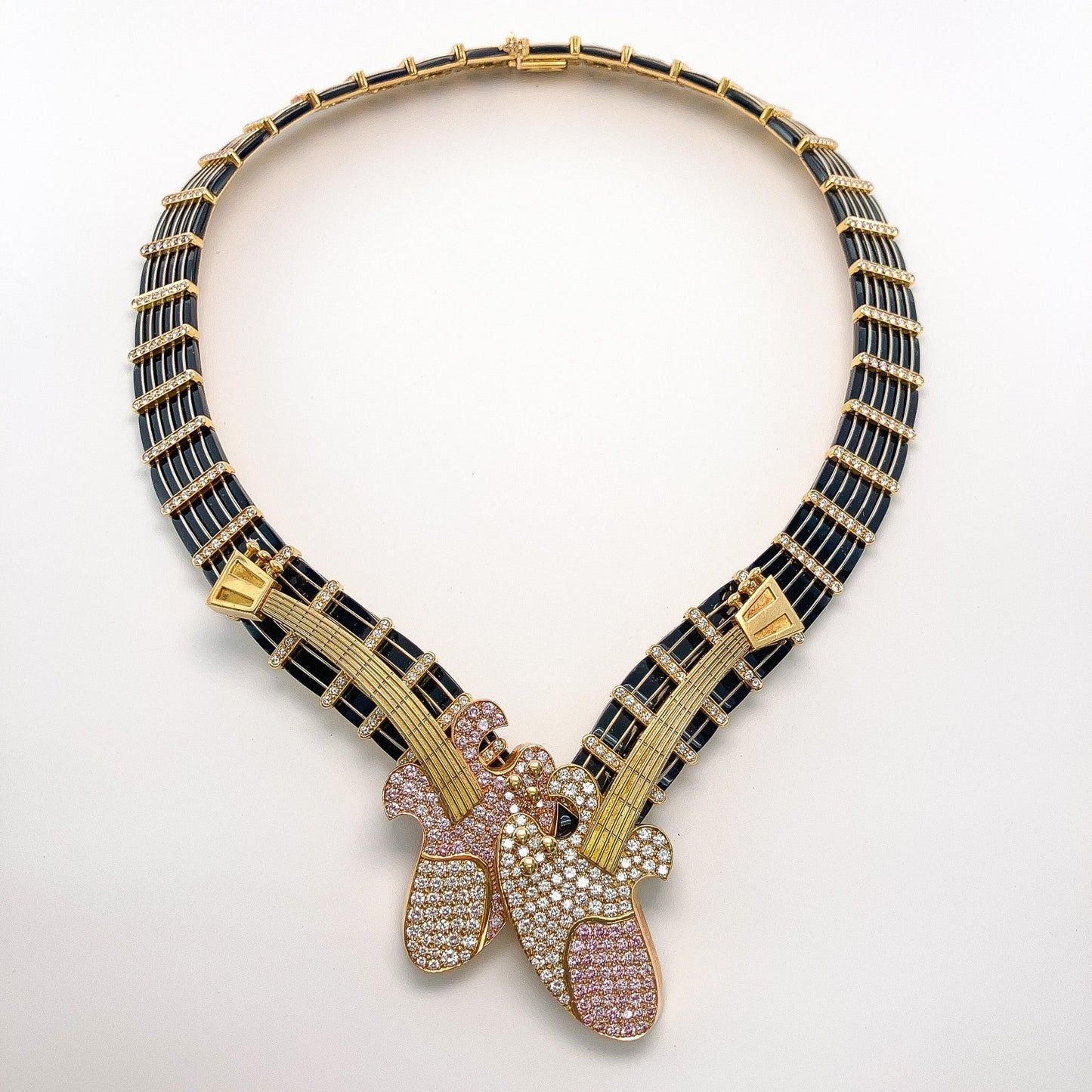 Natural Pink & White Diamond Guitar Necklace, 18k - Forever Rox
