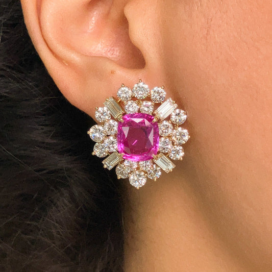º 10.61cts GIA Certified Pink Sapphire & Diamond Cluster Earclips by Fred of Paris, 18k - Forever Rox