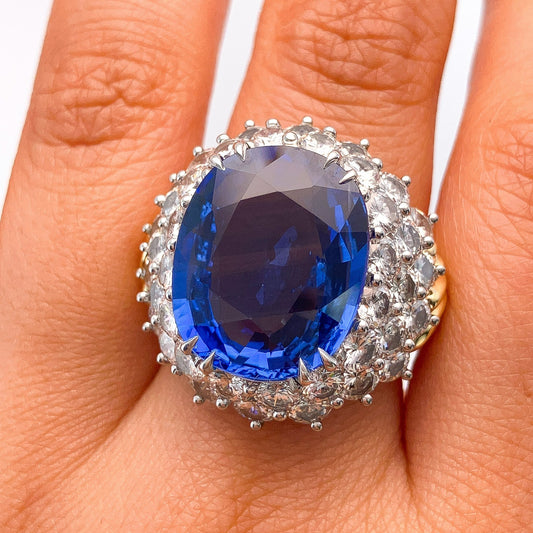 º 13.10ct Sapphire & Diamond Cluster Ring, 18k & Platinum - Forever Rox
