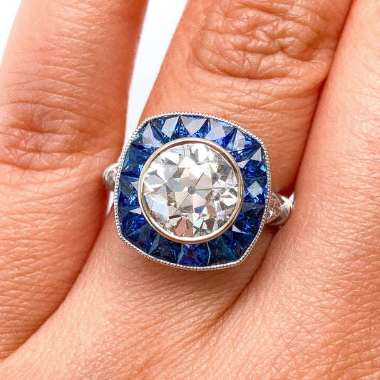º 2.85ct GIA Certified L/SI1 Old European Cut Diamond & French Cut Sapphire Engagement Ring, 18k - Forever Rox