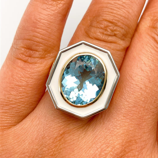 º Aquamarine & White Enamel Ring, 18k - Forever Rox