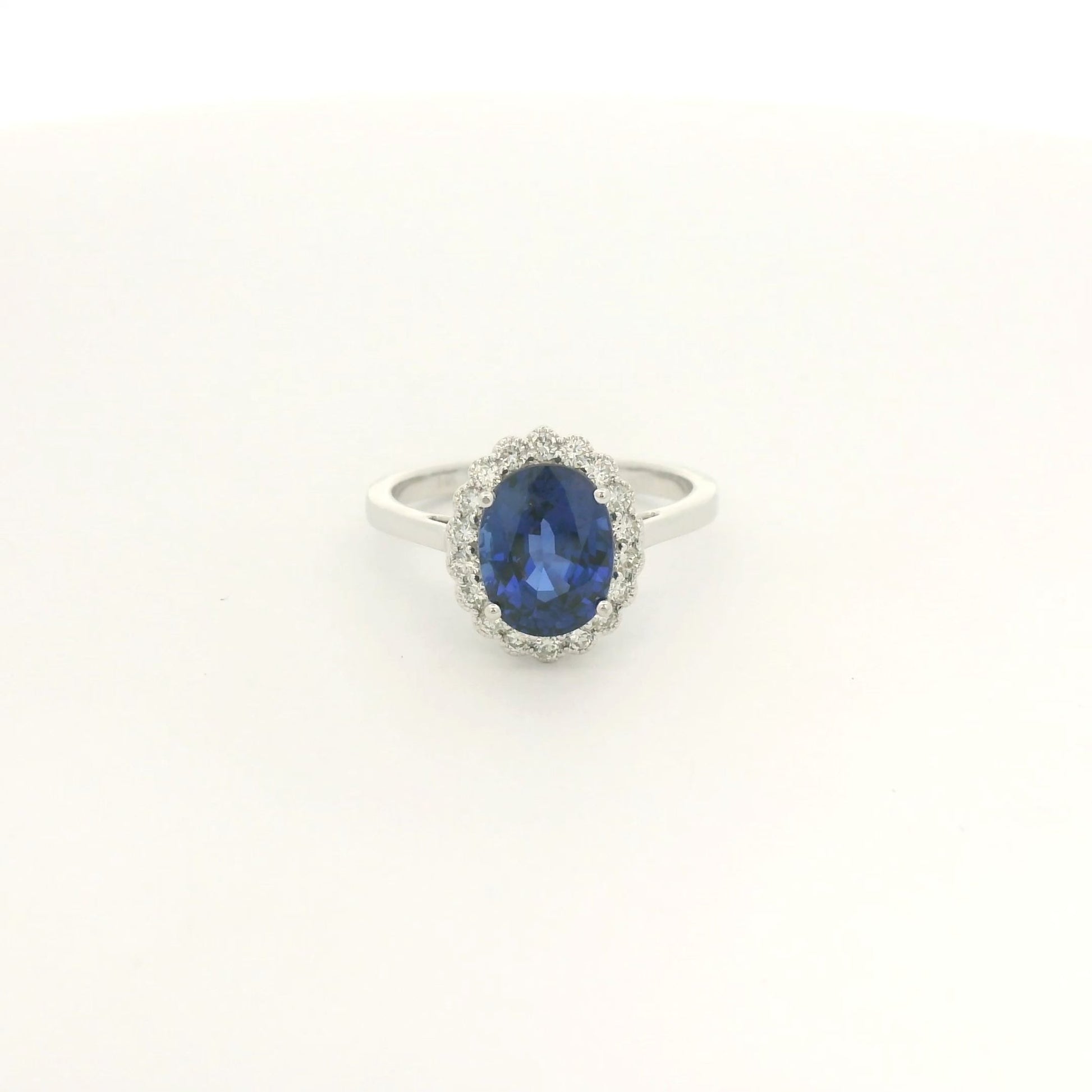 Oval Cut Dark Blue Ceylon Sapphire & Diamond Halo With Milgrain Ring - Forever Rox Fine Jewelry