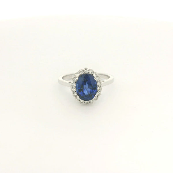 Oval Cut Dark Blue Ceylon Sapphire & Diamond Halo With Milgrain Ring - Forever Rox Fine Jewelry