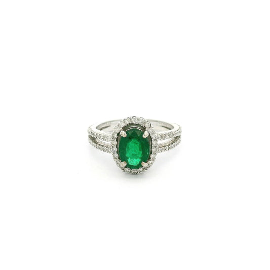 Oval Cut Emerald Ring With Diamond Halo & Diamonds Down Split Shank - Forever Rox Fine Jewelry