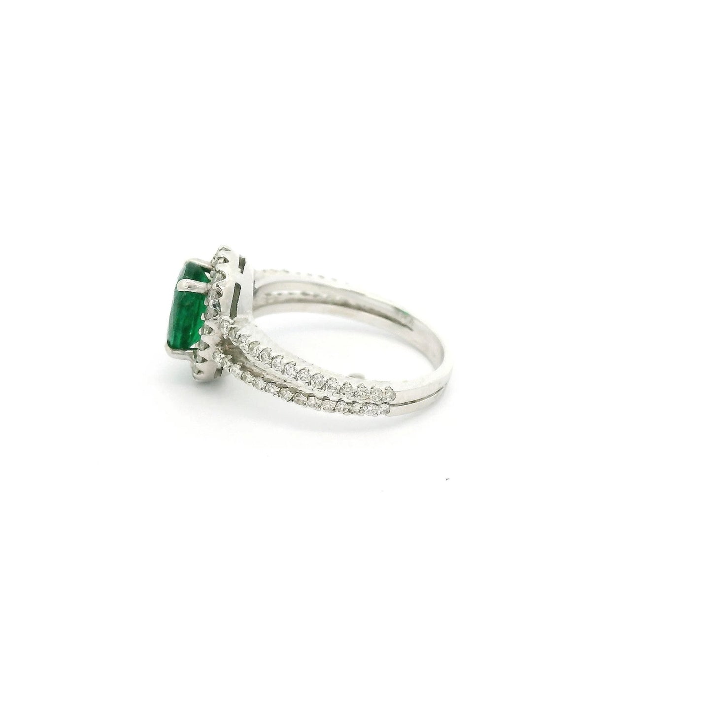 Oval Cut Emerald Ring With Diamond Halo & Diamonds Down Split Shank - Forever Rox Fine Jewelry